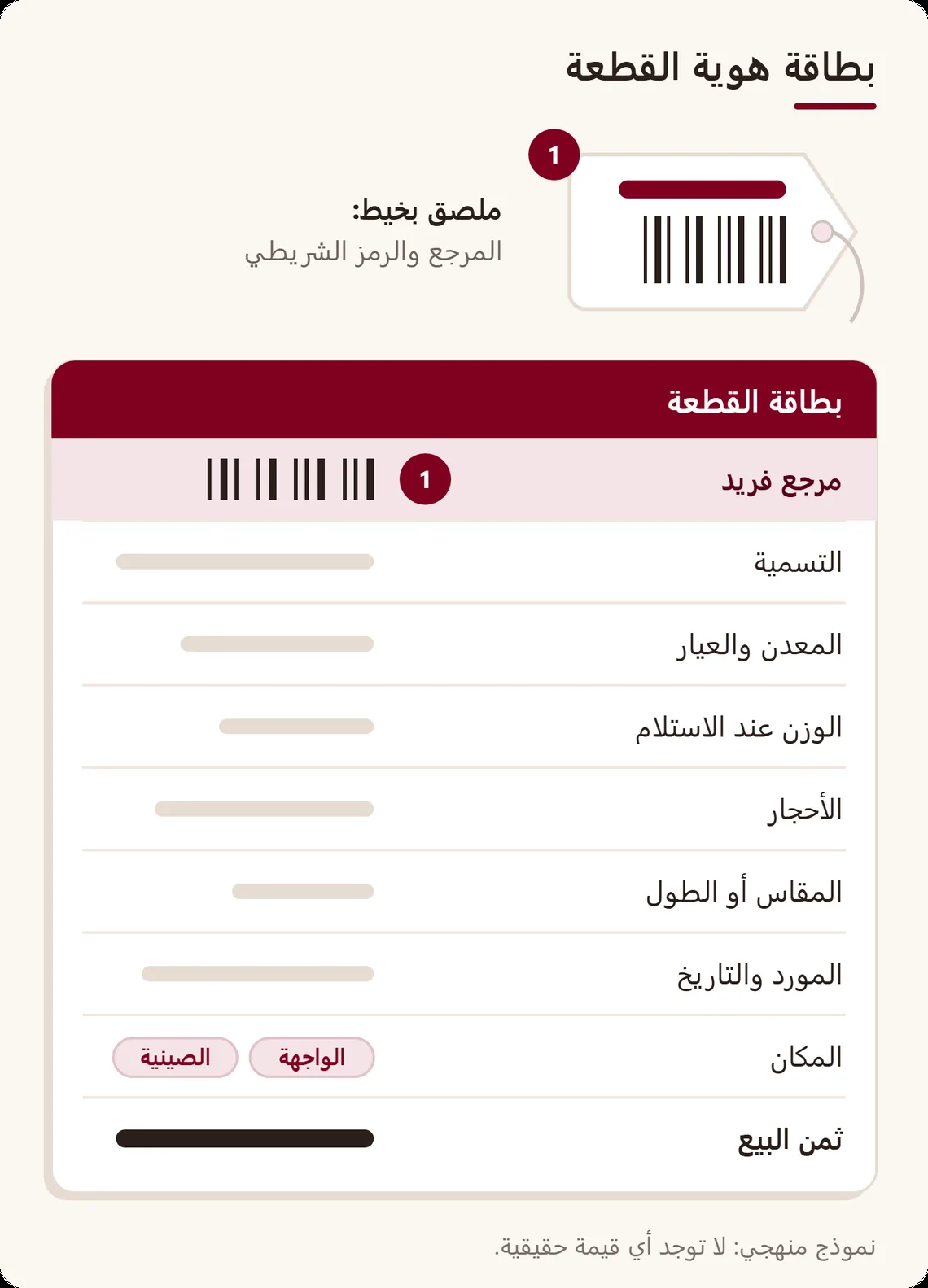 نموذج بطاقة قطعة مجوهرات وملصقها ذي الخيط: مرجع فريد، تسمية، معدن وعيار، وزن، أحجار، مقاس، مورد، مكان، ثمن