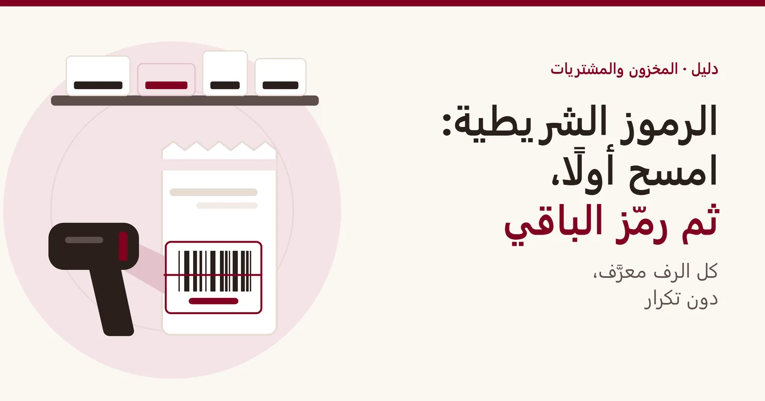 غلاف الدليل حول الرموز الشريطية: قارئ يدوي يقرأ ملصق كيس، بجانب رف تحمل بعض سلعه رمزًا داخليًا