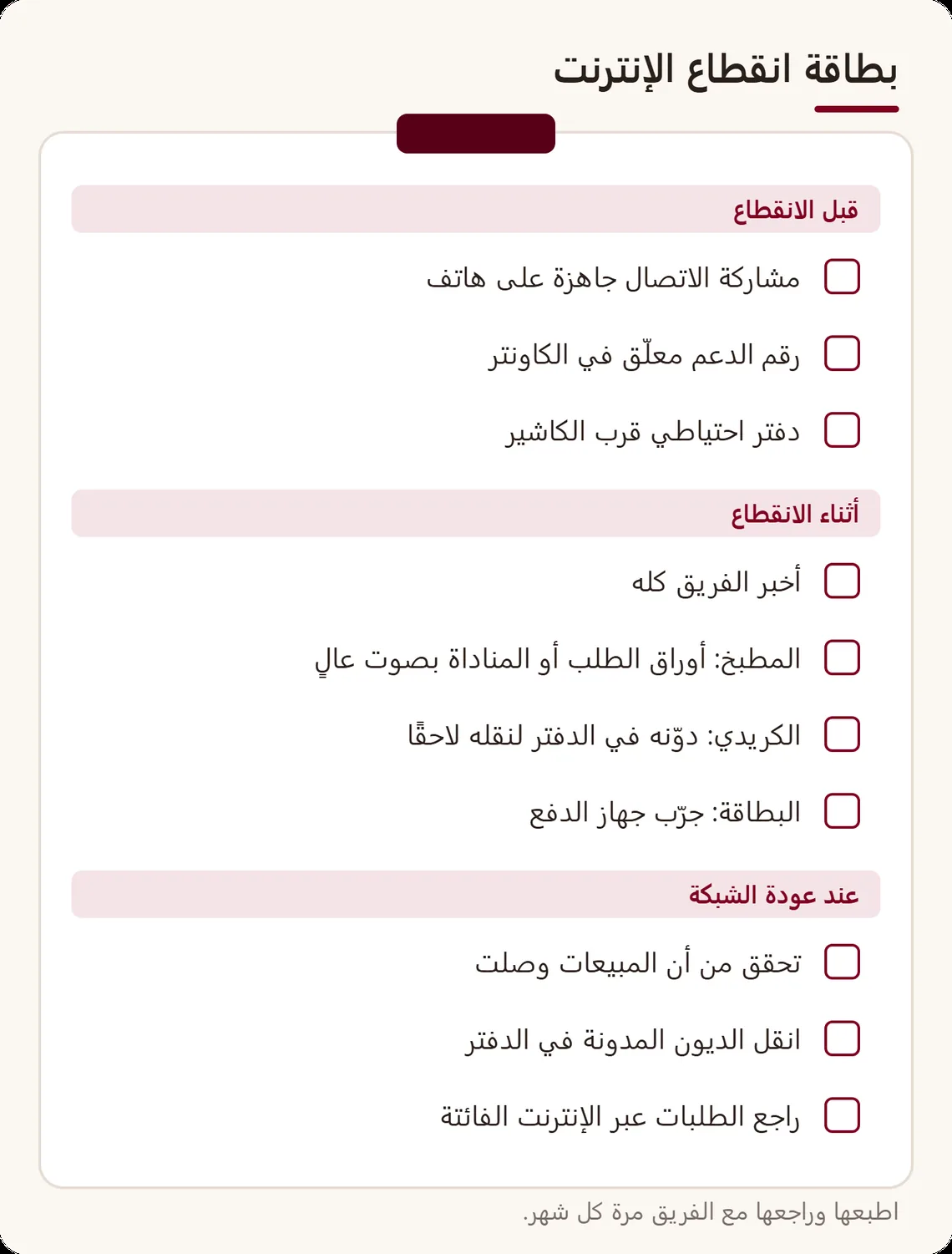 بطاقة للتأشير في ثلاث عائلات، قبل الانقطاع وأثناءه وعند عودة الشبكة: مشاركة الاتصال، دفتر احتياطي، أوراق الطلب، الكريدي المدوّن، المبيعات الصاعدة، الديون المنقولة