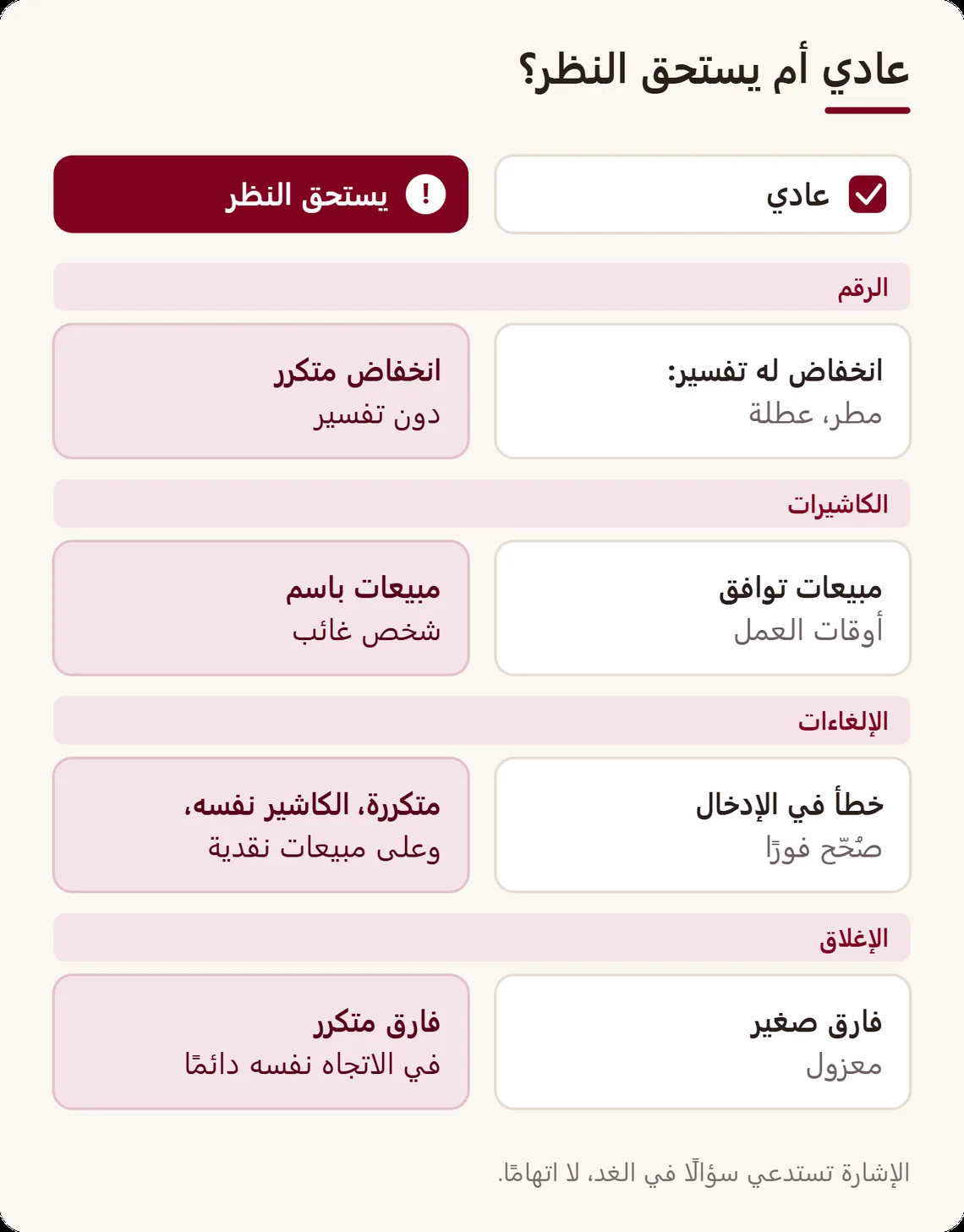 جدول من عمودين يقابل بين حالات عادية وإشارات يجب فهمها، في الرقم والكاشيرات والإلغاءات والإغلاق