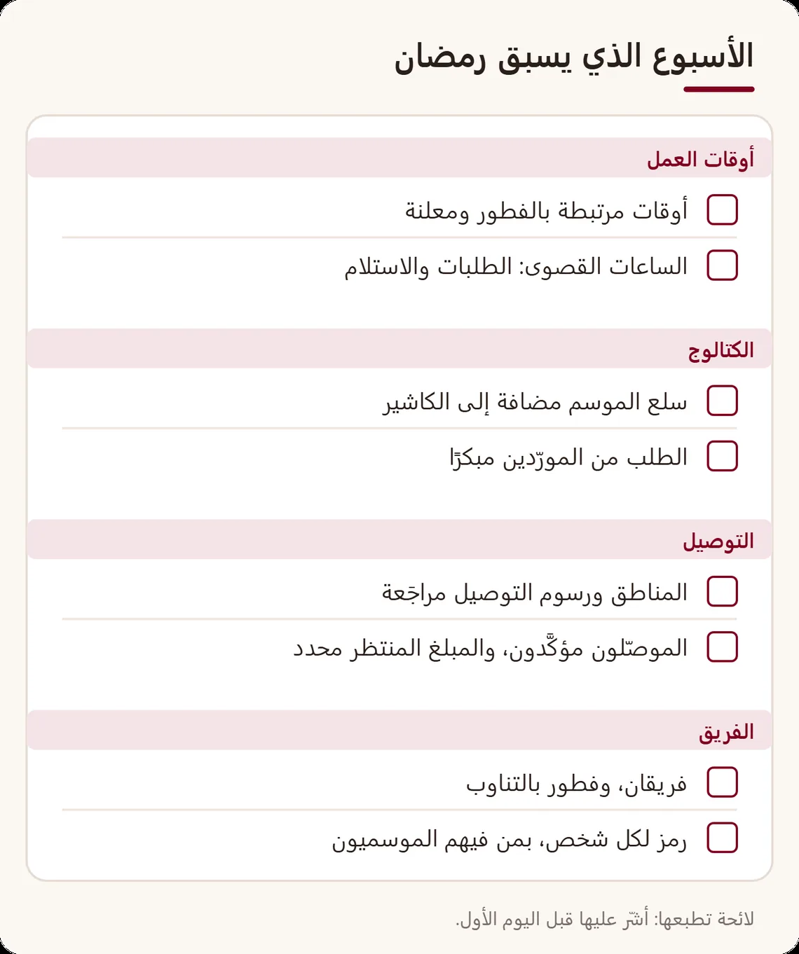 لائحة للتأشير في أربع عائلات للأسبوع الذي يسبق رمضان: أوقات العمل، الكتالوج، التوصيل، والفريق، مع نقطتين لكل منها