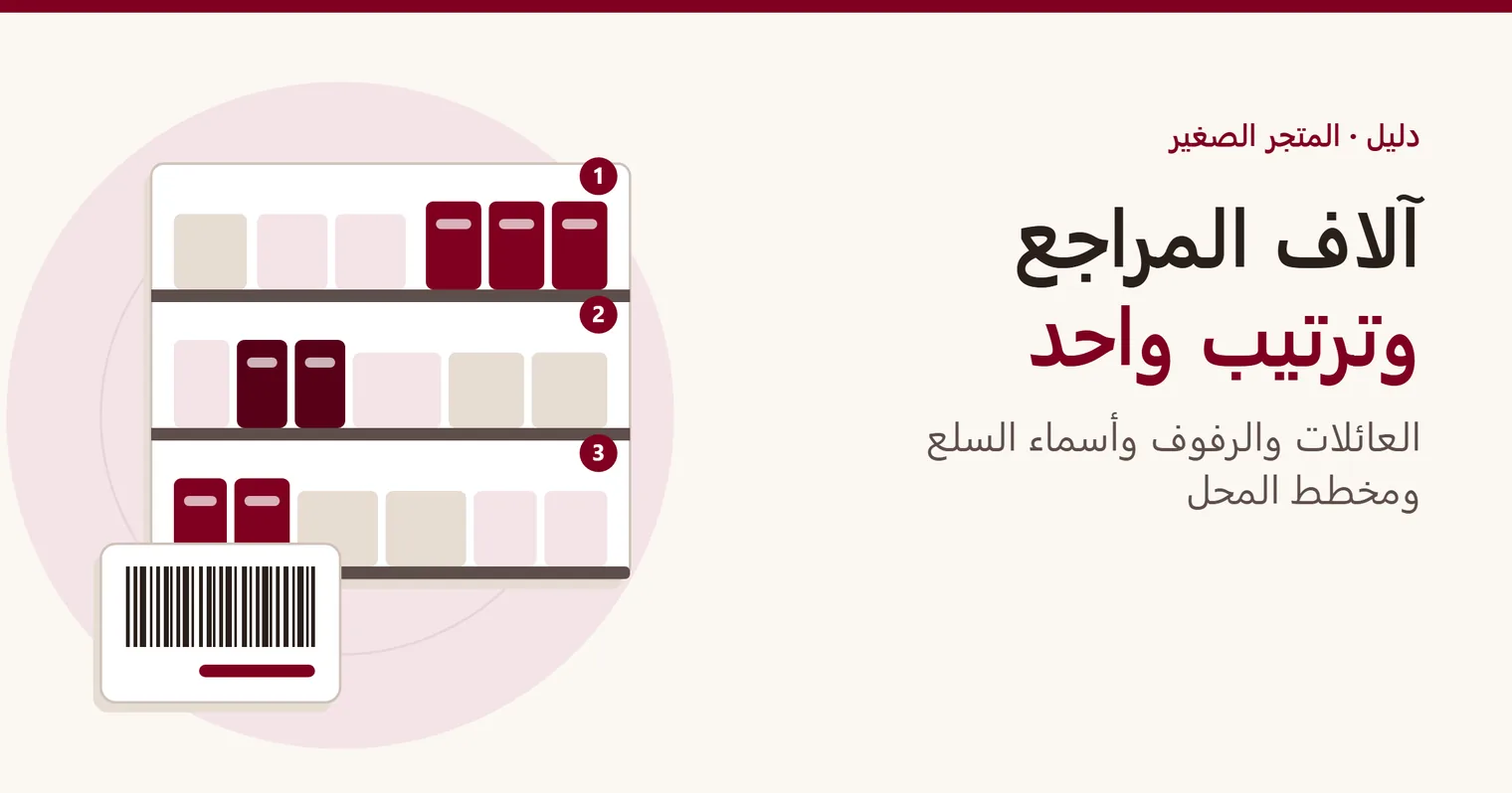 غلاف دليل المتجر الصغير: رف مرتب حسب الأقسام، لكل قسم علامة مرقمة، بجانب ملصق برمز شريطي