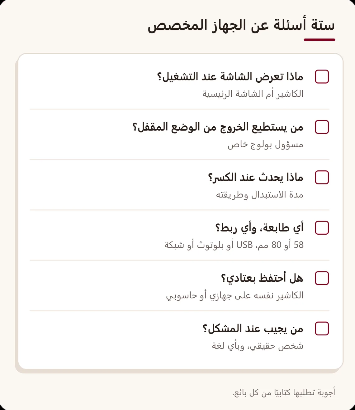 لائحة من ستة أسئلة حول جهاز جاهز للتشغيل: الشاشة عند التشغيل، الخروج من الوضع المقفل، الاستبدال عند العطب، الطابعة، إمكانية استعمال عتادك، ومن يجيبك عند المشكل
