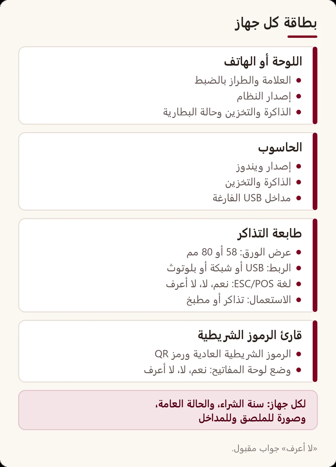 أربع بطاقات للتدوين: اللوحة أو الهاتف، والحاسوب، وطابعة التذاكر، وقارئ الرموز الشريطية، مع المعلومات التي تُدوَّن لكل منها