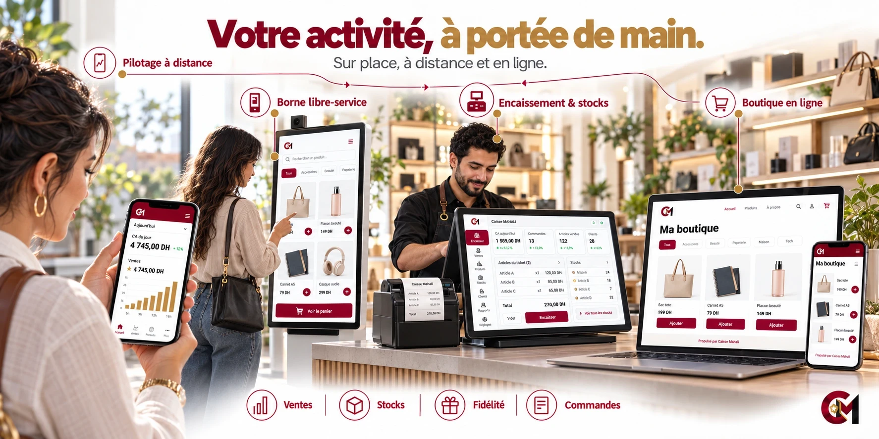 Votre activité à portée de main, sur place, à distance et en ligne : pilotage à distance sur téléphone, borne libre-service, encaissement et stocks à la caisse, boutique en ligne ; ventes, stocks, fidélité et commandes