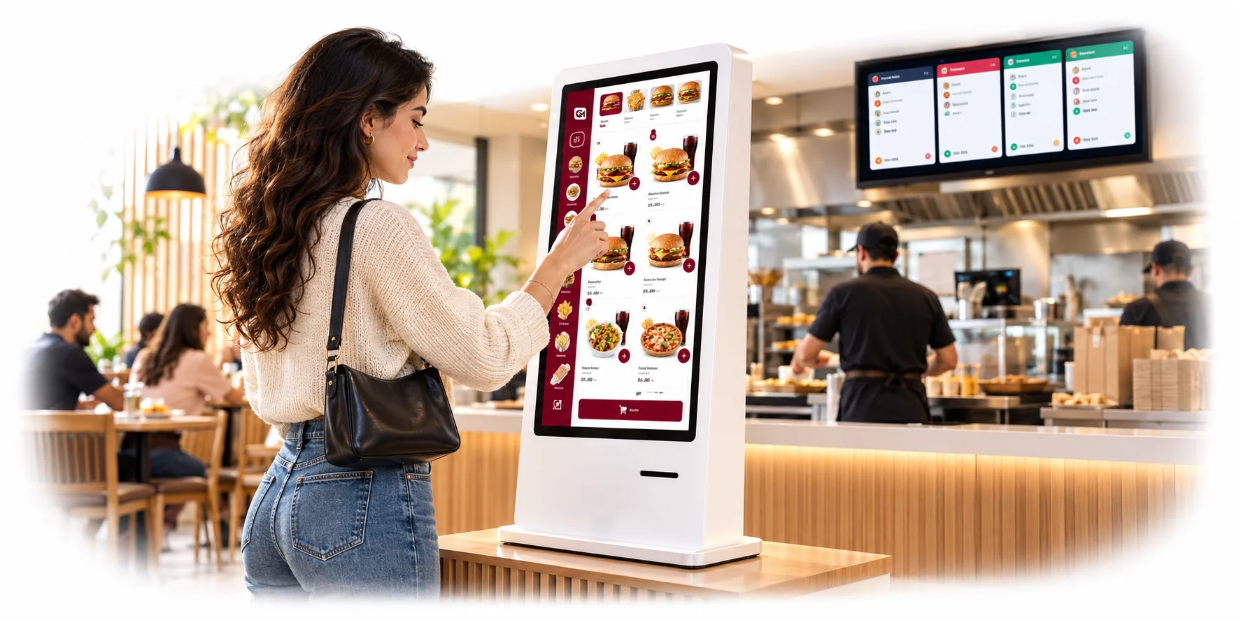 Une cliente commande seule sur la borne ; en cuisine, l’écran de préparation affiche les commandes