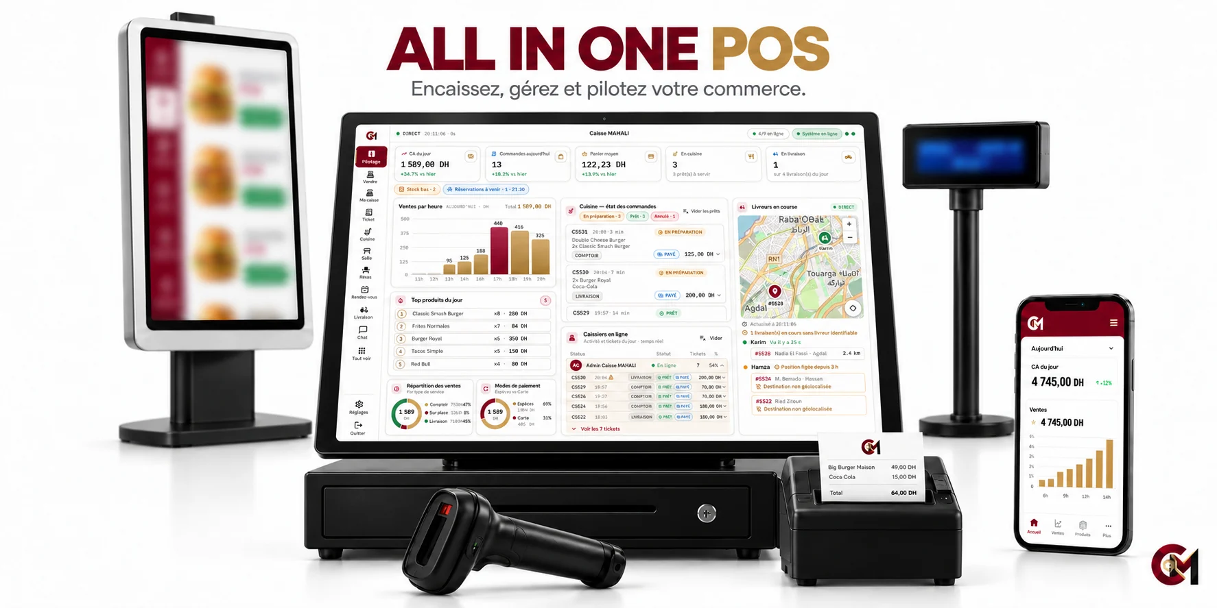 All in one POS: till, self-order kiosk, customer display, scanner, receipt printer and mobile app — take payments, manage and run your business