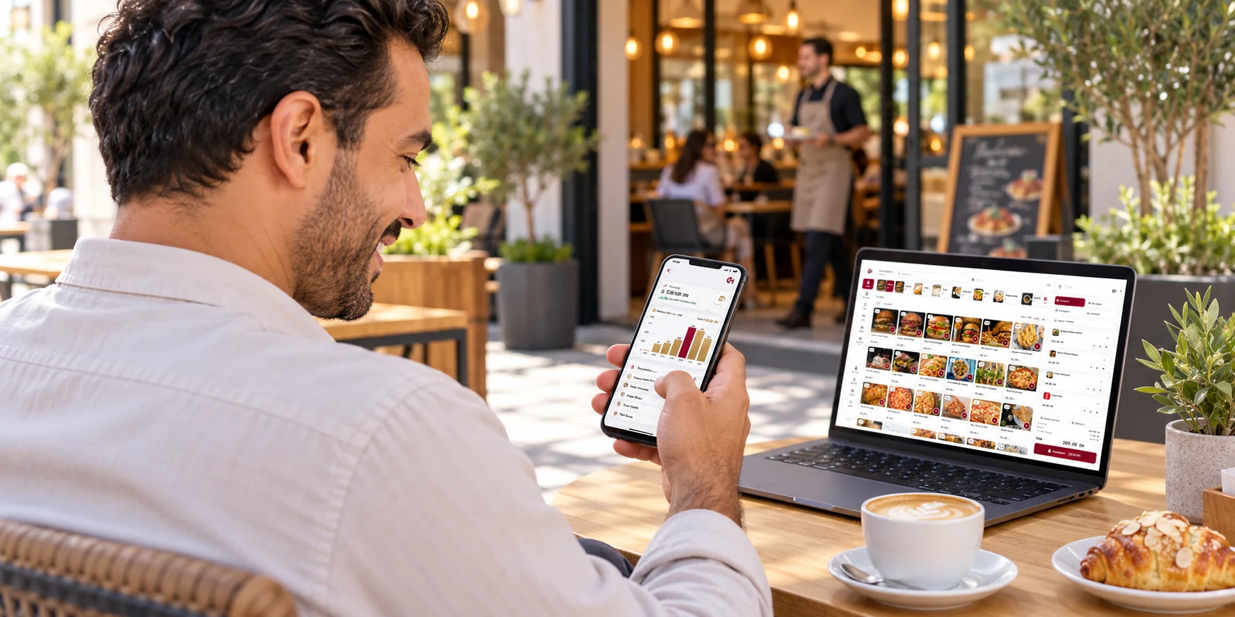 Un gérant en terrasse consulte sur son téléphone le chiffre du jour et le graphique des ventes